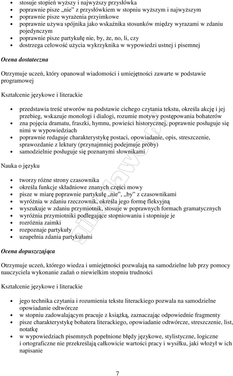 opanował wiadomości i umiejętności zawarte w podstawie programowej przedstawia treść utworów na podstawie cichego czytania tekstu, określa akcję i jej przebieg, wskazuje monologi i dialogi, rozumie