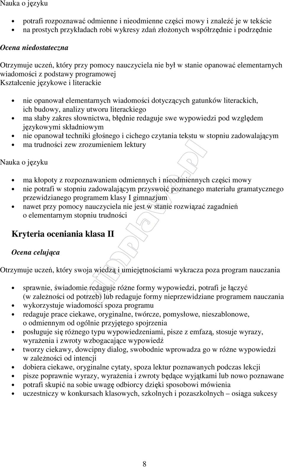 literackiego ma słaby zakres słownictwa, błędnie redaguje swe wypowiedzi pod względem językowymi składniowym nie opanował techniki głośnego i cichego czytania tekstu w stopniu zadowalającym ma