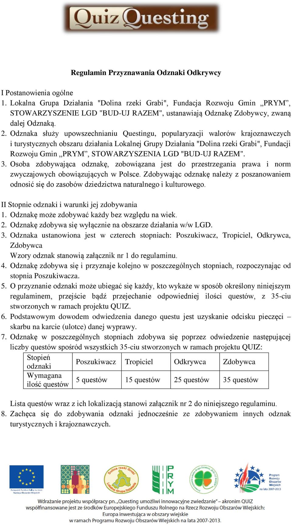 Odznaka służy upowszechnianiu Questingu, popularyzacji walorów krajoznawczych i turystycznych obszaru działania Lokalnej Grupy Działania "Dolina rzeki Grabi", Fundacji Rozwoju Gmin PRYM,