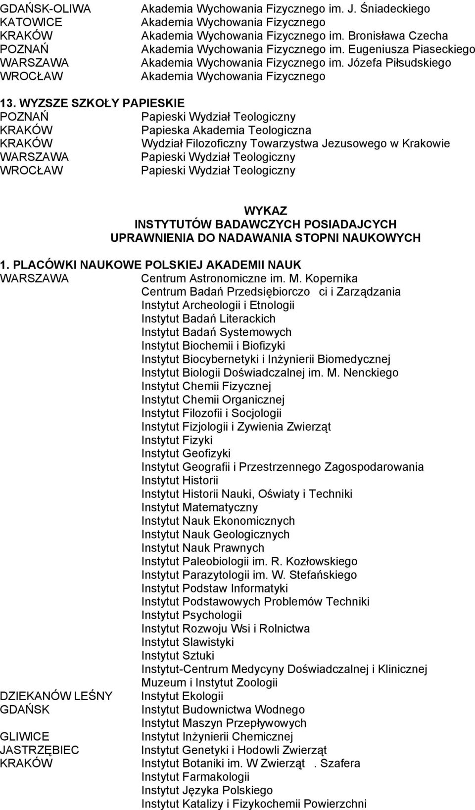 WYZSZE SZKOŁY PAPIESKIE Papieski Wydział Teologiczny Papieska Akademia Teologiczna Wydział Filozoficzny Towarzystwa Jezusowego w Krakowie Papieski Wydział Teologiczny Papieski Wydział Teologiczny