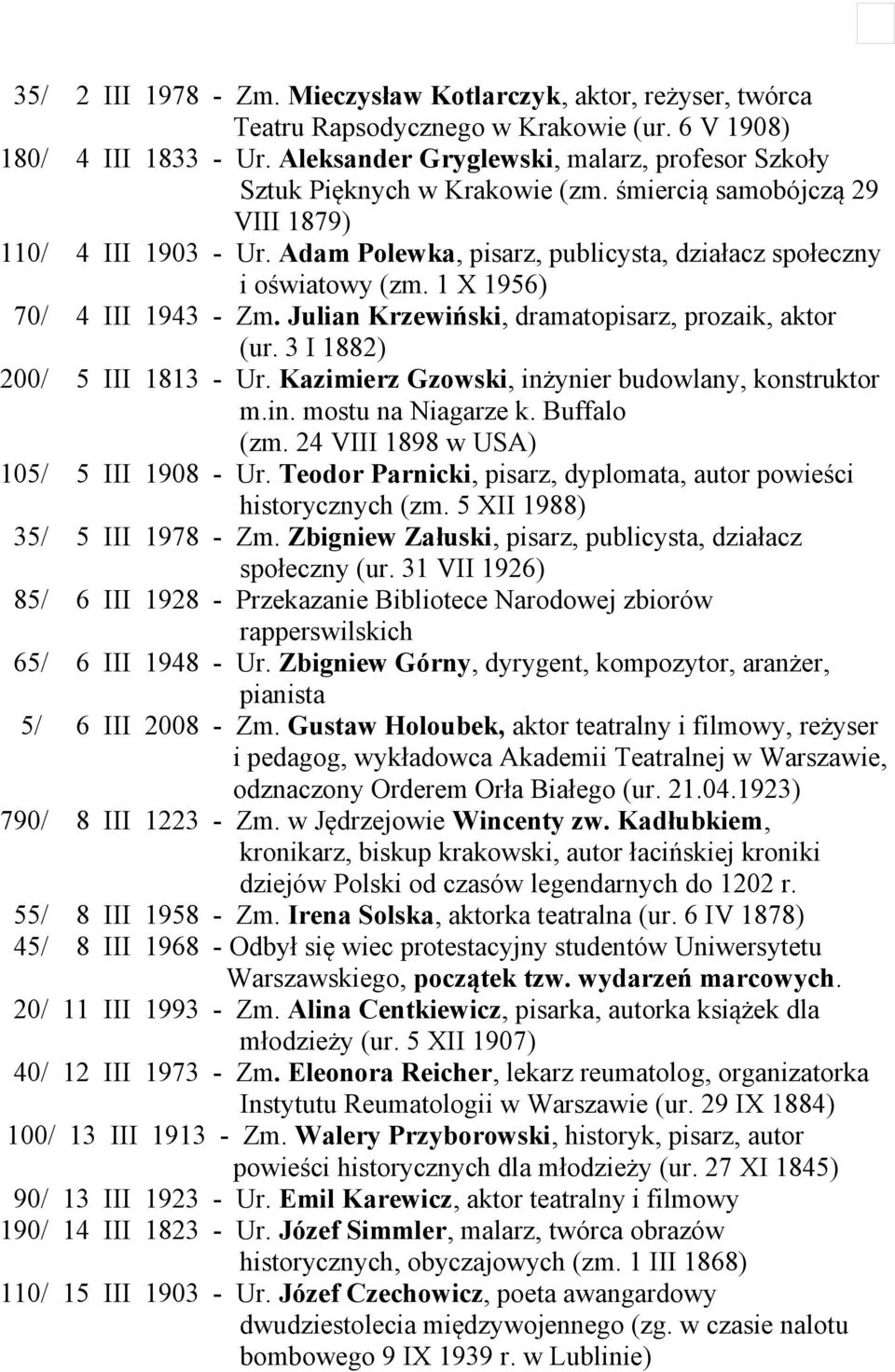 Adam Polewka, pisarz, publicysta, działacz społeczny i oświatowy (zm. 1 X 1956) 70/ 4 III 1943 - Zm. Julian Krzewiński, dramatopisarz, prozaik, aktor (ur. 3 I 1882) 200/ 5 III 1813 - Ur.