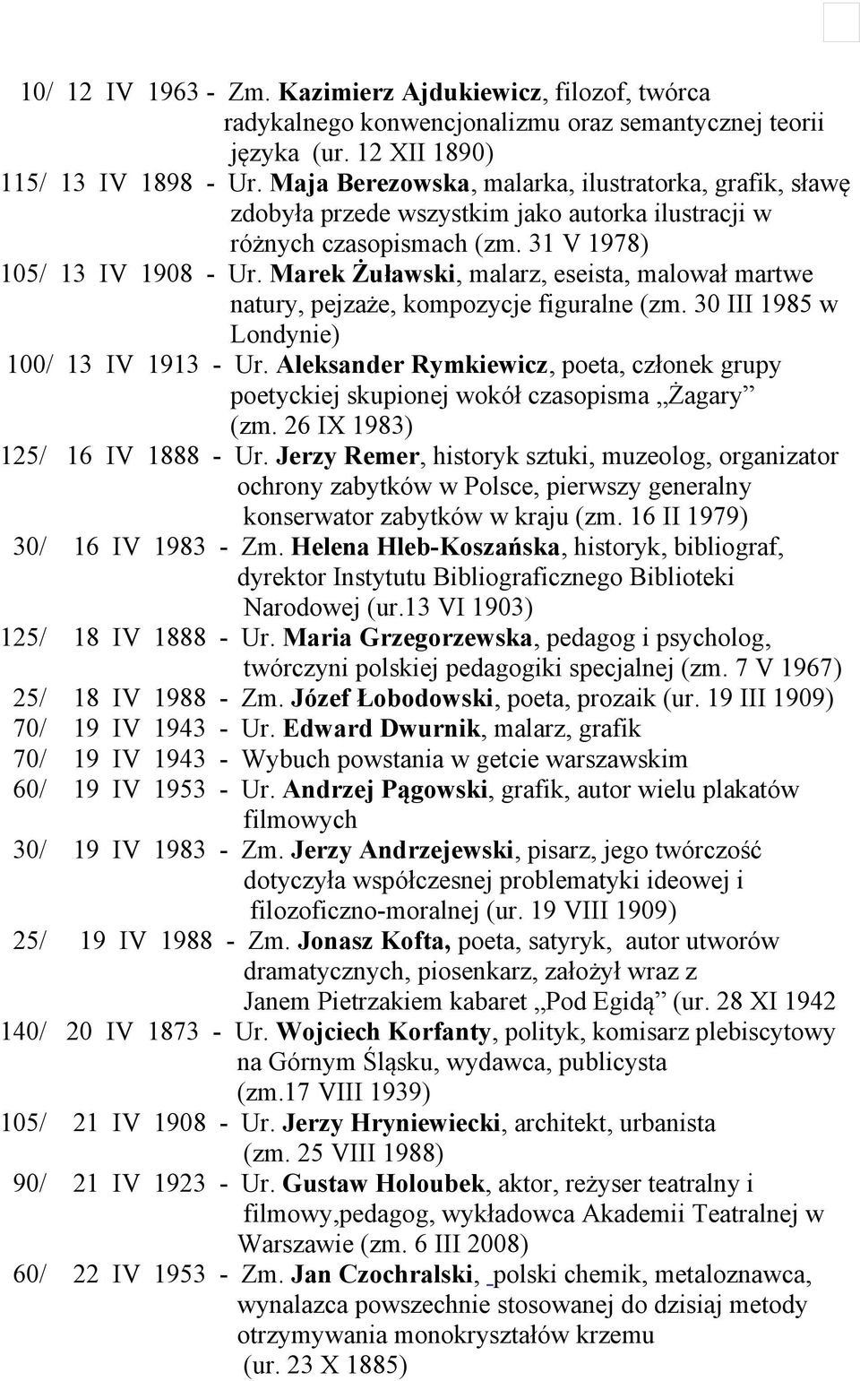 Marek Żuławski, malarz, eseista, malował martwe natury, pejzaże, kompozycje figuralne (zm. 30 III 1985 w Londynie) 100/ 13 IV 1913 - Ur.