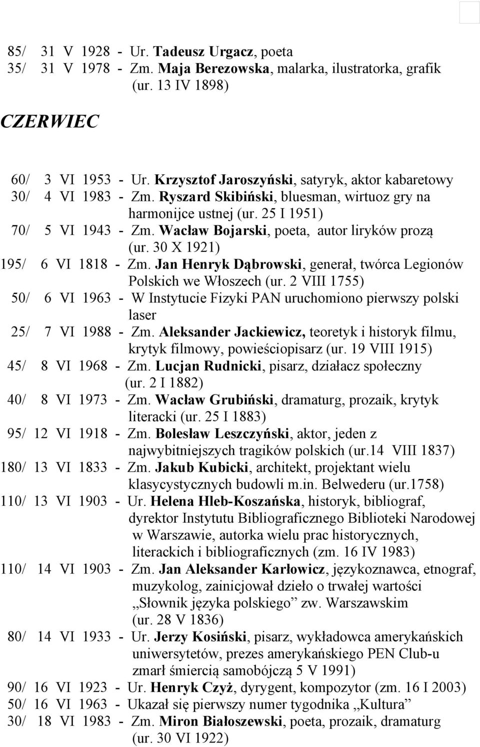 Wacław Bojarski, poeta, autor liryków prozą (ur. 30 X 1921) 195/ 6 VI 1818 - Zm. Jan Henryk Dąbrowski, generał, twórca Legionów Polskich we Włoszech (ur.