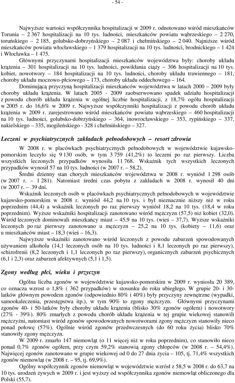 Najniższe wśród mieszkańców powiatu włocławskiego 1 379 hospitalizacji na 10 tys. ludności, brodnickiego 1 424 i Włocławka 1 475.