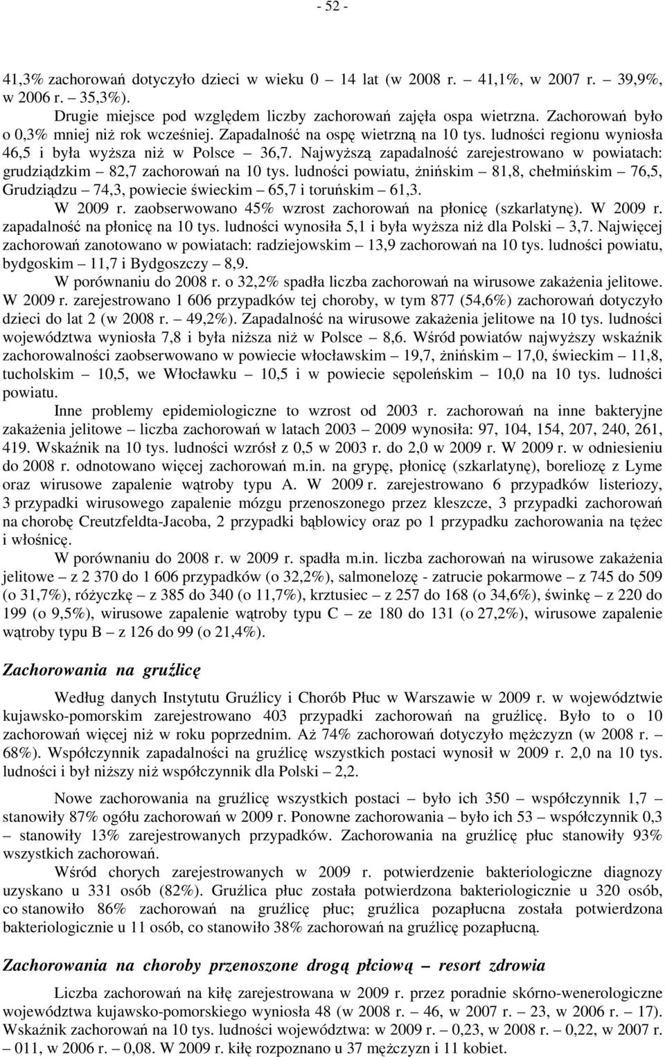Najwyższą zapadalność zarejestrowano w powiatach: grudziądzkim 82,7 zachorowań na 10 tys. ludności powiatu, żnińskim 81,8, chełmińskim 76,5, Grudziądzu 74,3, powiecie świeckim 65,7 i toruńskim 61,3.