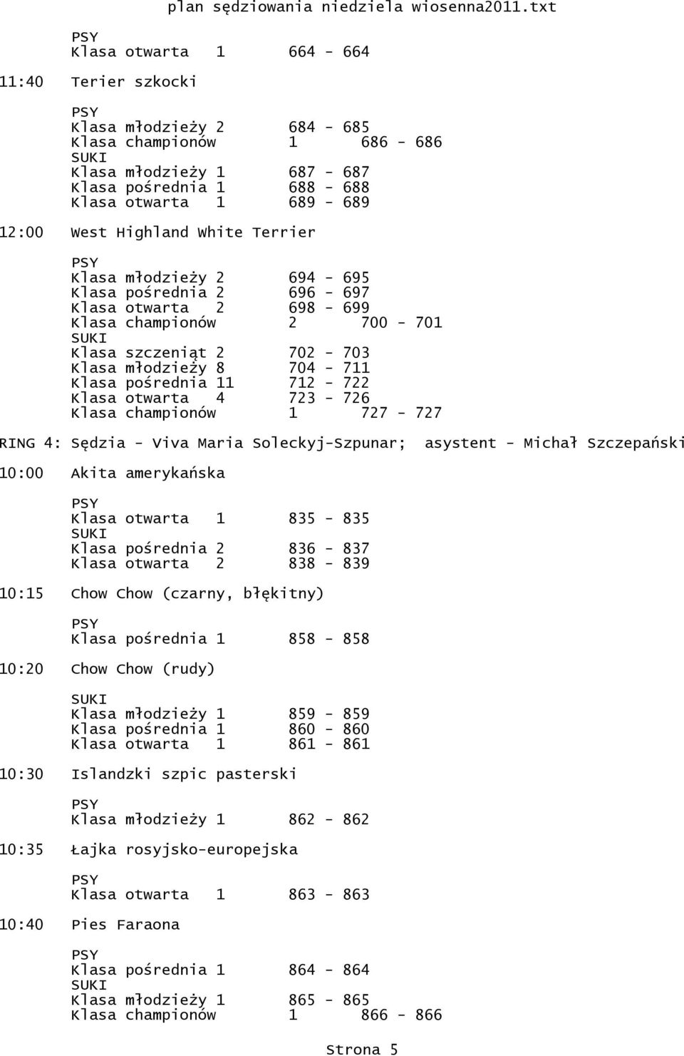 otwarta 4 723-726 Klasa championów 1 727-727 RING 4: Sędzia - Viva Maria Soleckyj-Szpunar; asystent - Michał Szczepański 10:00 Akita amerykańska Klasa otwarta 1 835-835 Klasa pośrednia 2 836-837