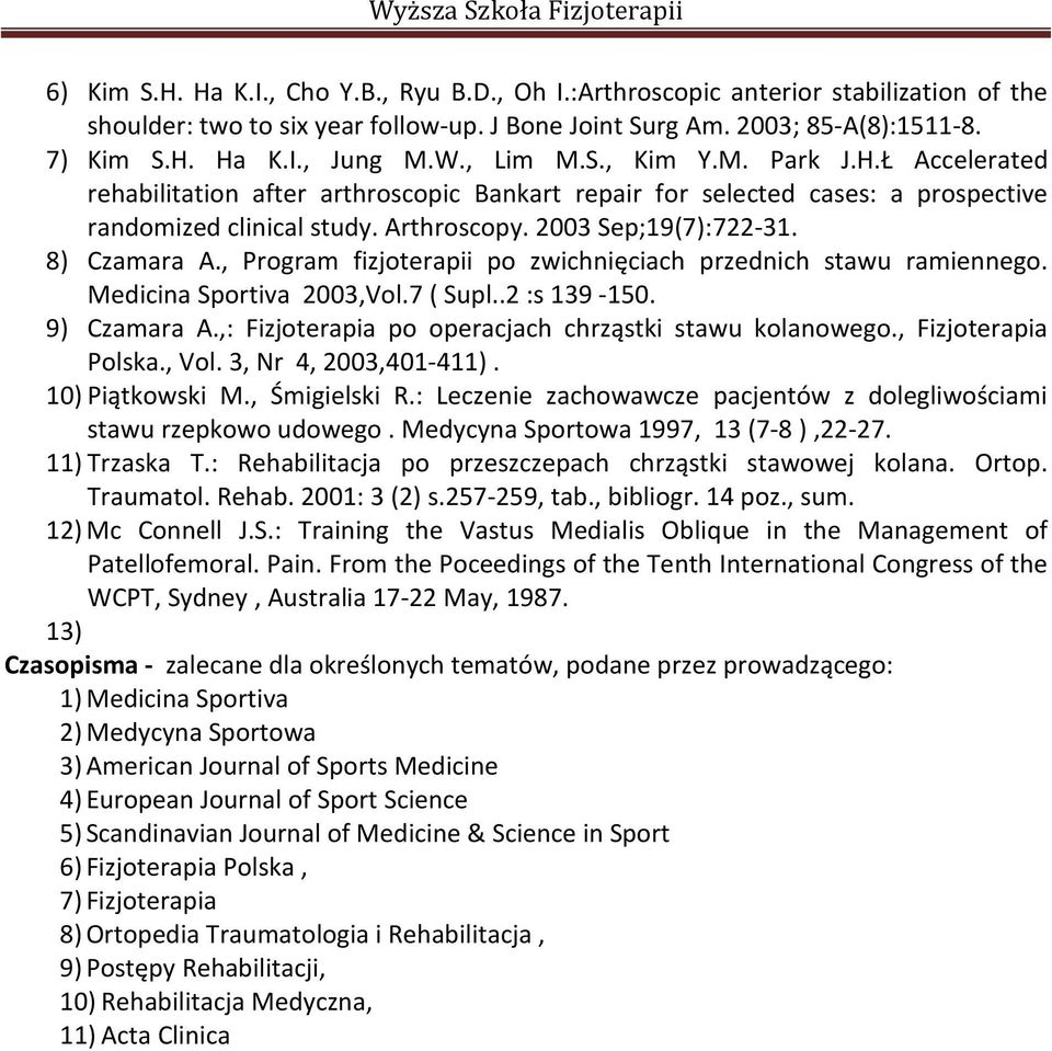 8) Czamara A., Program fizjoterapii po zwichnięciach przednich stawu ramiennego. Medicina Sportiva 2003,Vol.7 ( Supl..2 :s 139-150. 9) Czamara A.