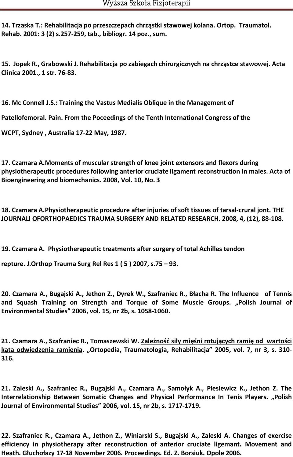 From the Poceedings of the Tenth International Congress of the WCPT, Sydney, Australia 17-22 May, 1987. 17. Czamara A.