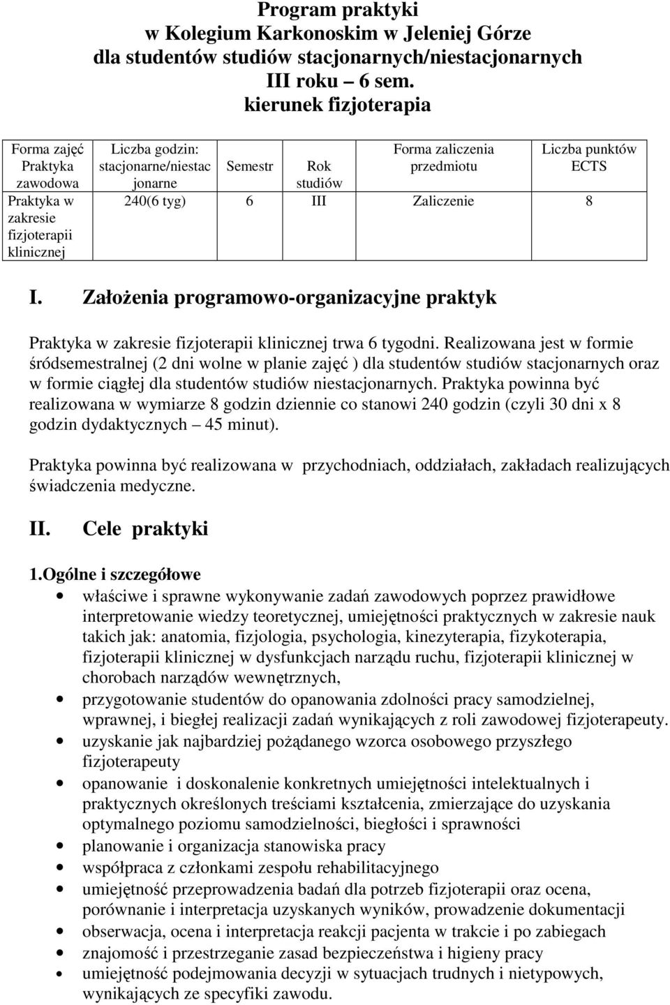punktów ECTS 240(6 tyg) 6 III Zaliczenie 8 I. ZałoŜenia programowo-organizacyjne praktyk Praktyka w zakresie fizjoterapii klinicznej trwa 6 tygodni.