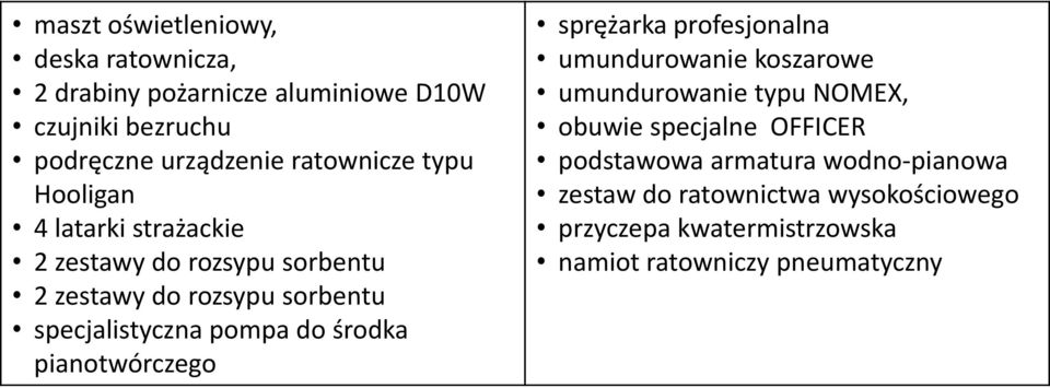 pompa do środka pianotwórczego sprężarka profesjonalna umundurowanie koszarowe umundurowanie typu NOMEX, obuwie specjalne