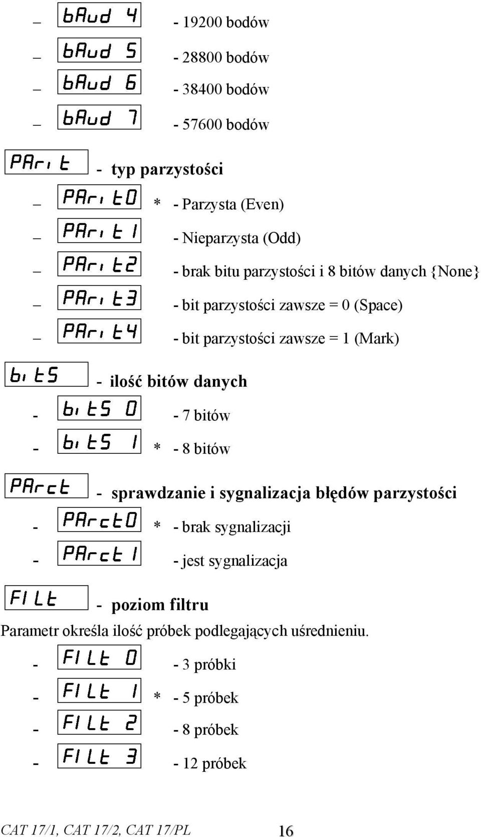 7 bitów - * - 8 bitów - sprawdzanie i sygnalizacja błędów parzystości - * - brak sygnalizacji - - jest sygnalizacja - poziom filtru