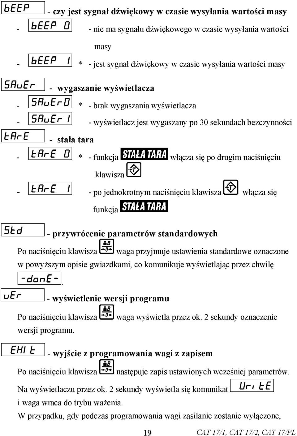 naciśnięciu klawisza włącza się funkcja - przywrócenie parametrów standardowych Po naciśnięciu klawisza waga przyjmuje ustawienia standardowe oznaczone w powyższym opisie gwiazdkami, co komunikuje