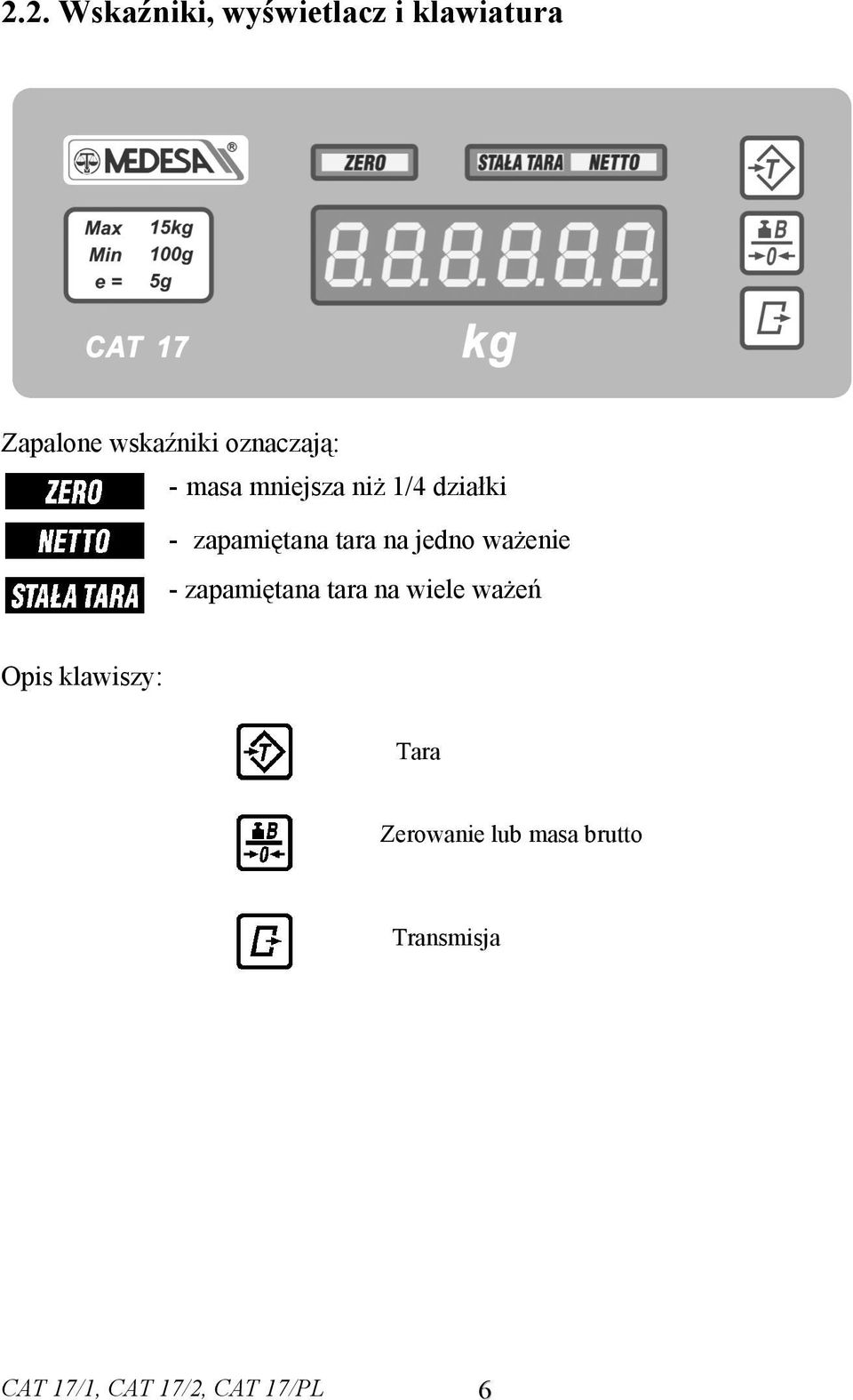 jedno ważenie - zapamiętana tara na wiele ważeń Opis klawiszy: