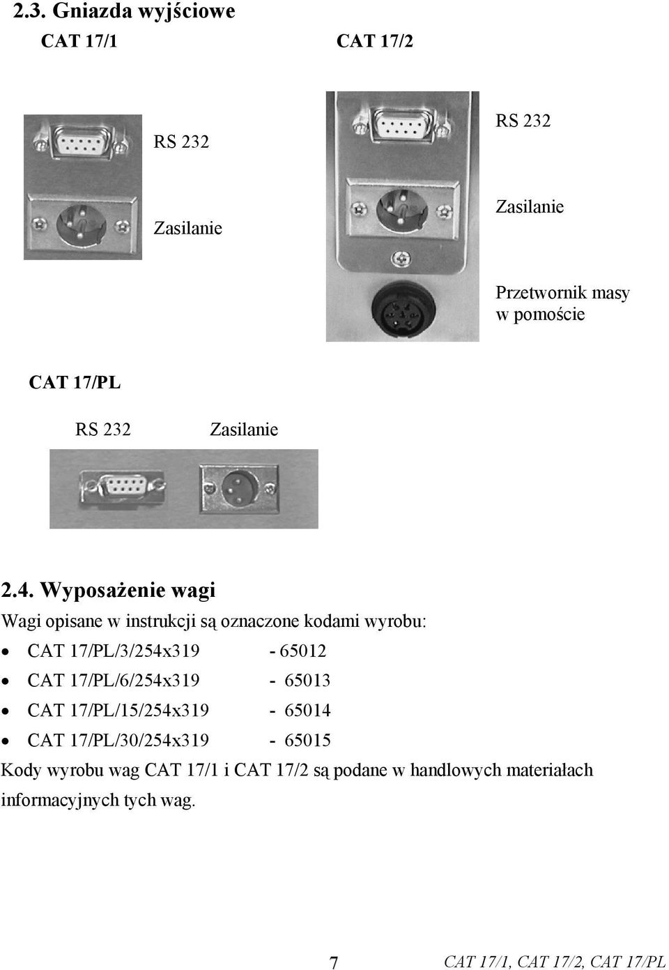 Wyposażenie wagi Wagi opisane w instrukcji są oznaczone kodami wyrobu: CAT 17/PL/3/254x319-65012 CAT
