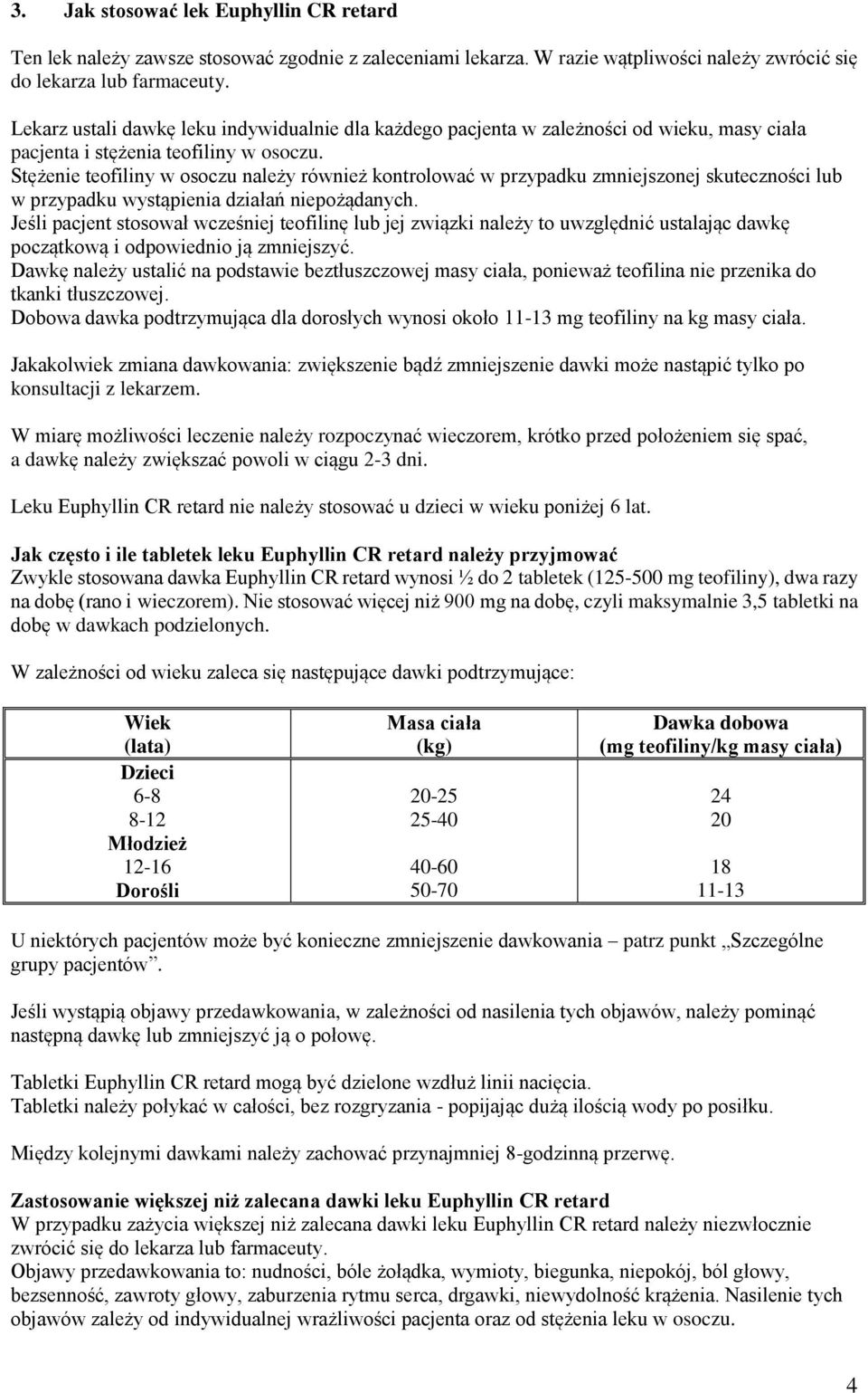 Stężenie teofiliny w osoczu należy również kontrolować w przypadku zmniejszonej skuteczności lub w przypadku wystąpienia działań niepożądanych.