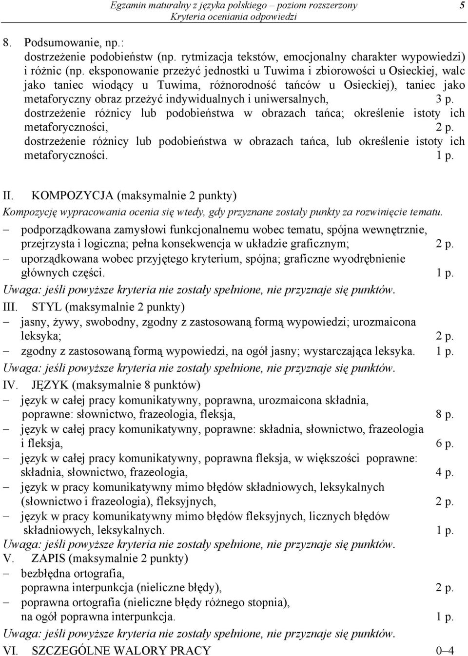 uniwersalnych, 3 p. dostrzeżenie różnicy lub podobieństwa w obrazach tańca; określenie istoty ich metaforyczności, 2 p.