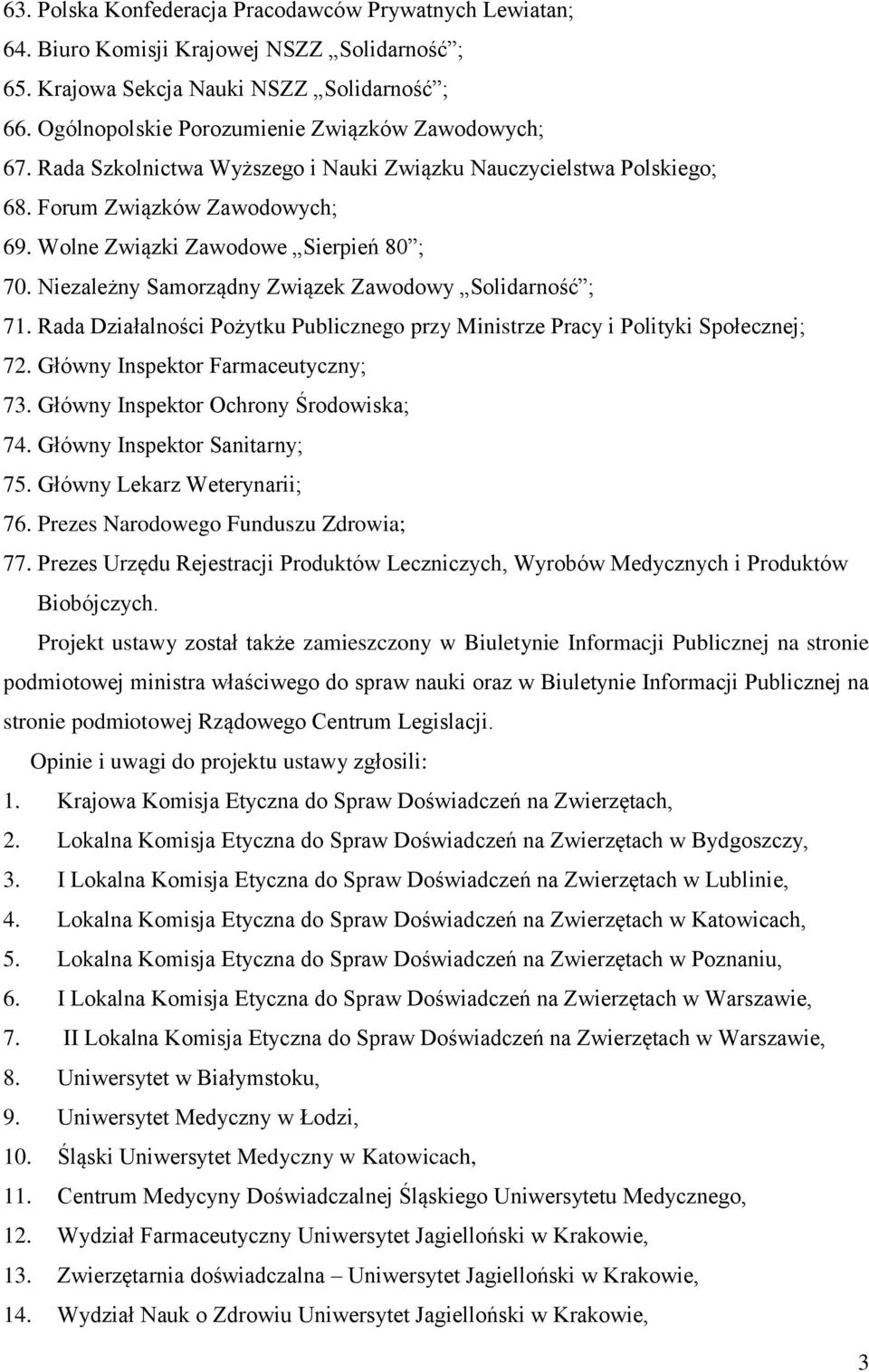 Niezależny Samorządny Związek Zawodowy Solidarność ; 71. Rada Działalności Pożytku Publicznego przy Ministrze Pracy i Polityki Społecznej; 72. Główny Inspektor Farmaceutyczny; 73.