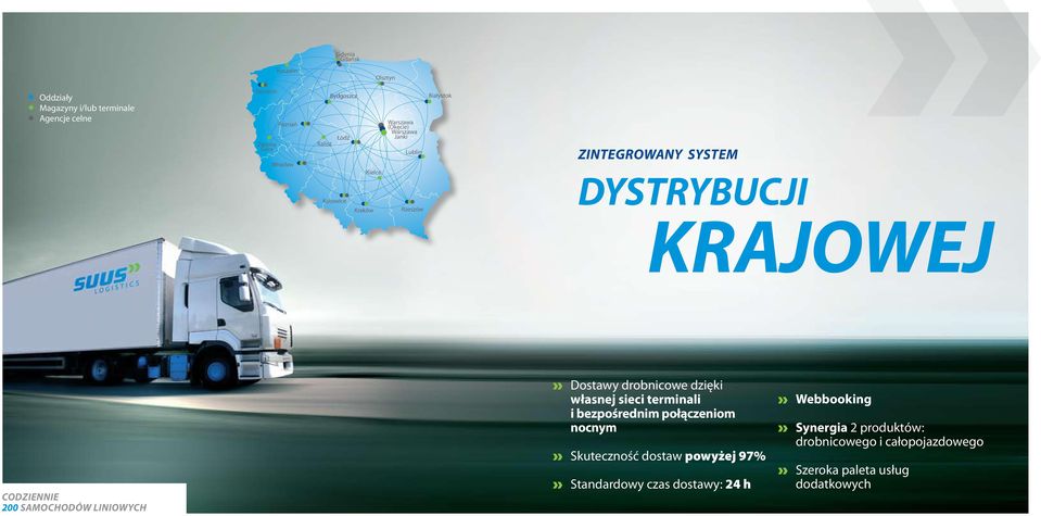 Codziennie 200 samochodów liniowych Dostawy drobnicowe dzięki własnej sieci terminali i bezpośrednim połączeniom nocnym Skuteczność