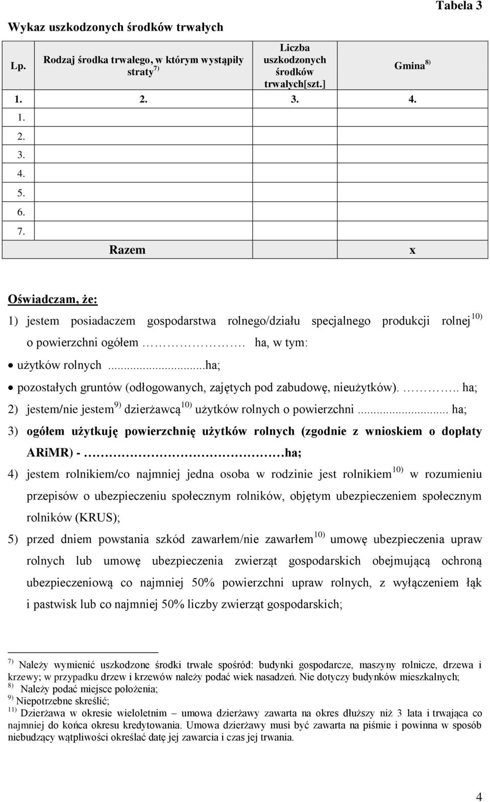 Razem x Tabela 3 Oświadczam, że: 1) jestem posiadaczem gospodarstwa rolnego/działu specjalnego produkcji rolnej 10) o powierzchni ogółem. ha, w tym: użytków rolnych.