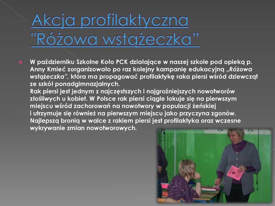 ponadgimnazjalnych. Rak piersi jest jednym z najczęstszych i najgroźniejszych nowotworów złośliwych u kobiet.