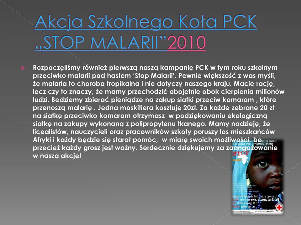 Będziemy zbierać pieniądze na zakup siatki przeciw komarom, które przenoszą malarię. Jedna moskitiera kosztuje 20zł.