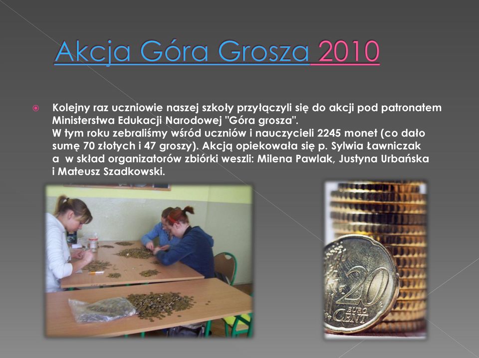 W tym roku zebraliśmy wśród uczniów i nauczycieli 2245 monet (co dało sumę 70 złotych i