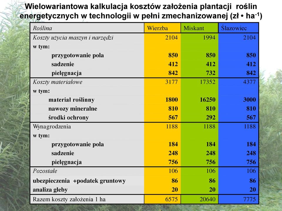 w tym: materiał roślinny 1800 16250 3000 nawozy mineralne 810 810 810 środki ochrony 567 292 567 Wynagrodzenia 1188 1188 1188 w tym: przygotowanie pola 184 184 184