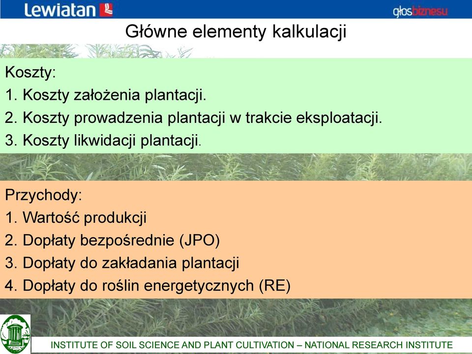 Przychody: 1. Wartość produkcji 2. Dopłaty bezpośrednie (JPO) 3.