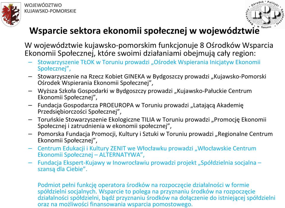 Społecznej, Wyższa Szkoła Gospodarki w Bydgoszczy prowadzi Kujawsko-Pałuckie Centrum Ekonomii Społecznej, Fundacja Gospodarcza PROEUROPA w Toruniu prowadzi Latającą Akademię Przedsiębiorczości