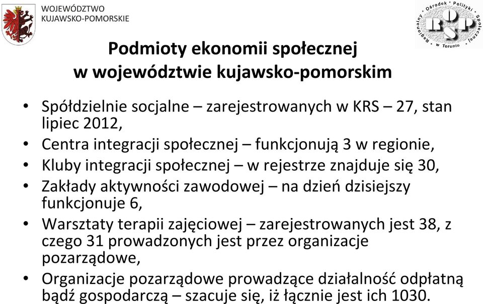 zawodowej na dzieńdzisiejszy funkcjonuje 6, Warsztaty terapii zajęciowej zarejestrowanych jest 38, z czego 31 prowadzonych jest