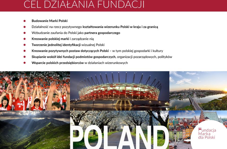 identyfikacji wizualnej Polski Kreowanie pozytywnych postaw dotyczących Polski w tym polskiej gospodarki i kultury Skupianie wokół