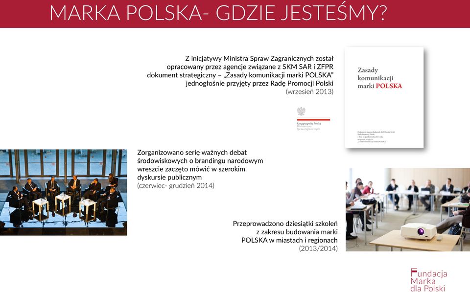 Zasady komunikacji marki POLSKA jednogłośnie przyjęty przez Radę Promocji Polski (wrzesień 2013) Zorganizowano serię ważnych