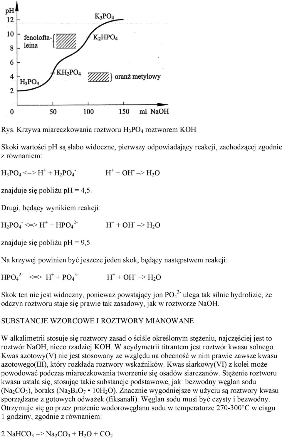 Na krzywej powinien być jeszcze jeden skok, będący następstwem reakcji: HPO 4 2- <=> H + + PO 4 - H + + OH - > H 2 O Skok ten nie jest widoczny, ponieważ powstający jon PO 4 - ulega tak silnie