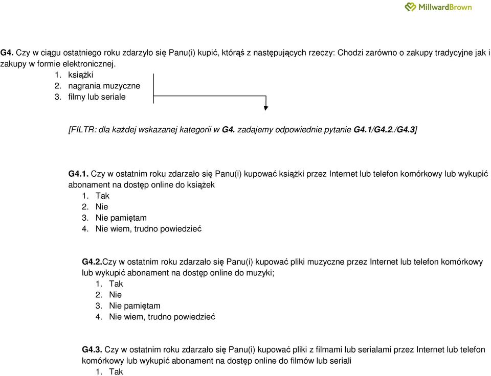 G4.2./G4.3] G4.1. Czy w ostatnim roku zdarzało się Panu(i) kupować książki przez Internet lub telefon komórkowy lub wykupić abonament na dostęp online do książek 1. Tak 2. Nie 3. Nie pamiętam 4.