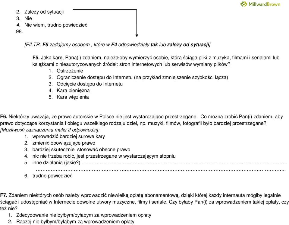 Ostrzeżenie 2. Ograniczenie dostępu do Internetu (na przykład zmniejszenie szybkości łącza) 3. Odcięcie dostępu do Internetu 4. Kara pieniężna 5. Kara więzienia F6.