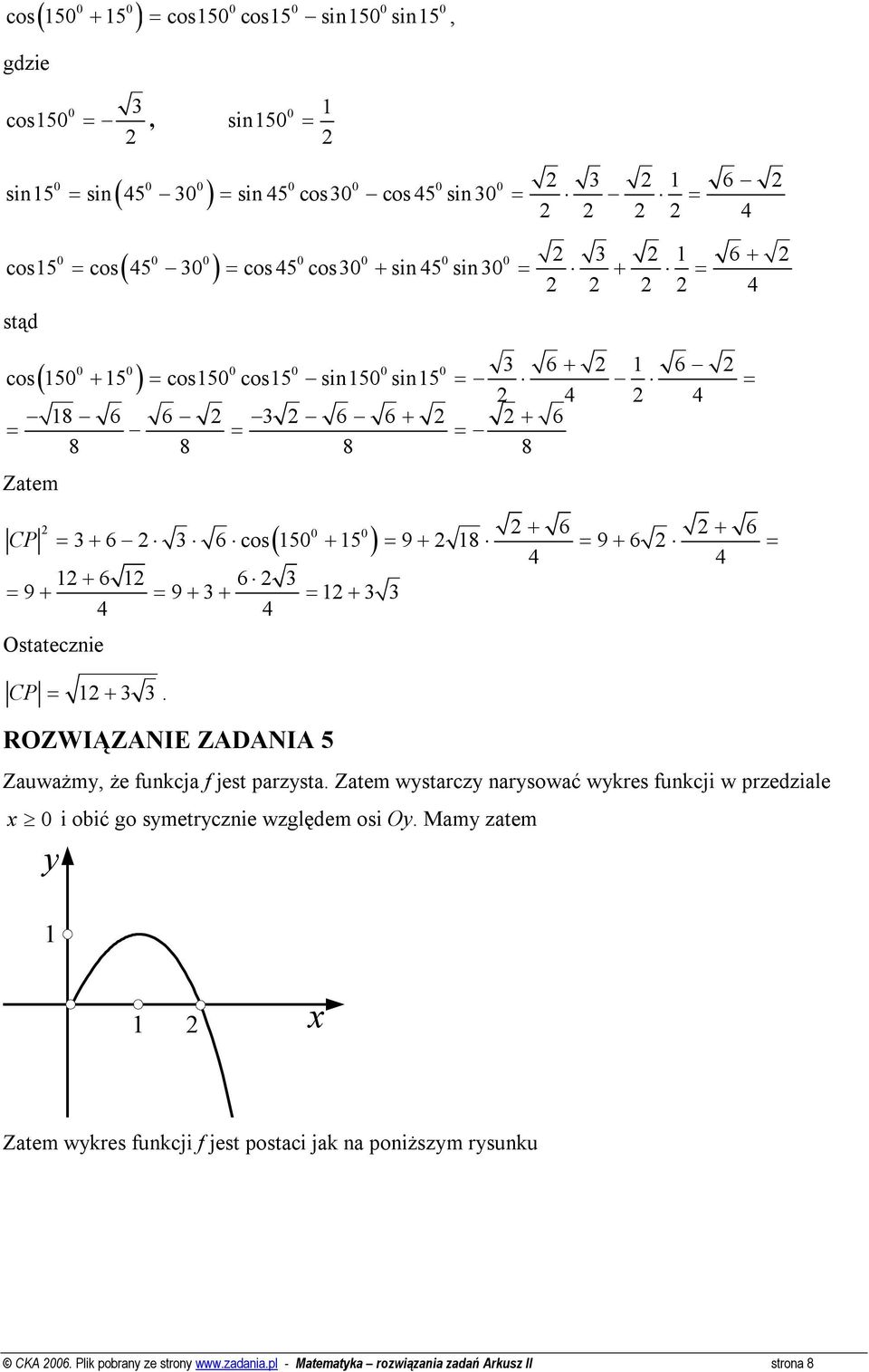 6 = 4 4 + 6 6 3 = 9+ = 9+ 3+ = + 3 3 4 4 Ostatecznie CP = + 3 3. ROZWIĄZANIE ZADANIA 5 Zauważmy, że funkcja f jest parzysta.