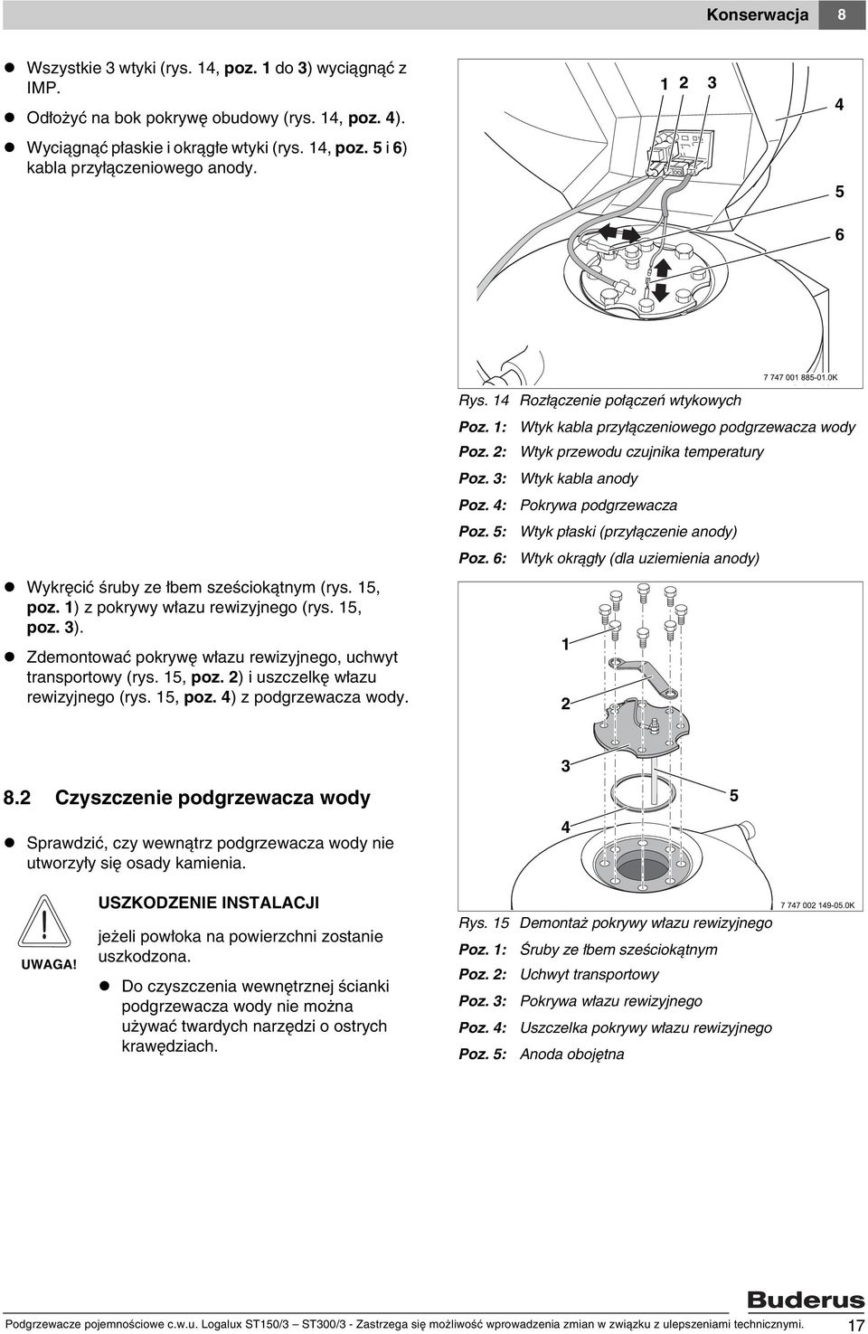 5, poz. 4) z podgrzewacza wody. Rys. 4 Rozłączenie połączeń wtykowych Poz. : Wtyk kabla przyłączeniowego podgrzewacza wody Poz. : Wtyk przewodu czujnika temperatury Poz. 3: Wtyk kabla anody Poz.