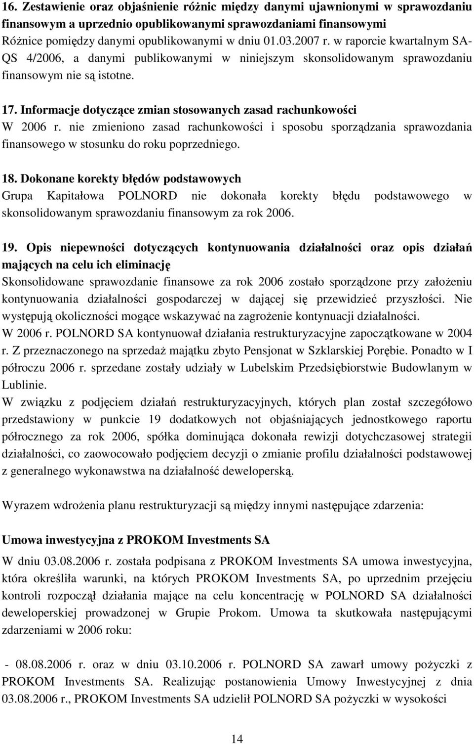 Informacje dotyczące zmian stosowanych zasad rachunkowości W 2006 r. nie zmieniono zasad rachunkowości i sposobu sporządzania sprawozdania finansowego w stosunku do roku poprzedniego. 18.