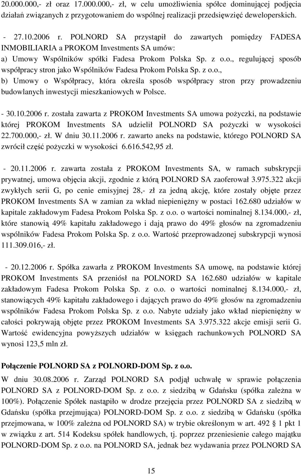 z o.o., b) Umowy o Współpracy, która określa sposób współpracy stron przy prowadzeniu budowlanych inwestycji mieszkaniowych w Polsce. - 30.10.2006 r.