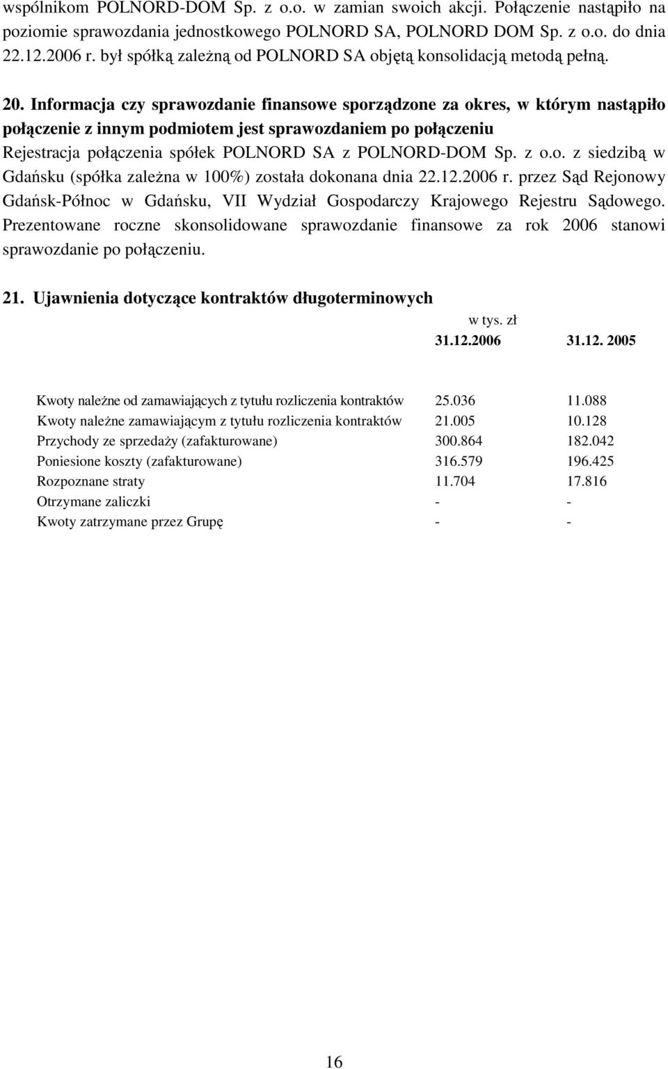Informacja czy sprawozdanie finansowe sporządzone za okres, w którym nastąpiło połączenie z innym podmiotem jest sprawozdaniem po połączeniu Rejestracja połączenia spółek POLNORD SA z POLNORD-DOM Sp.