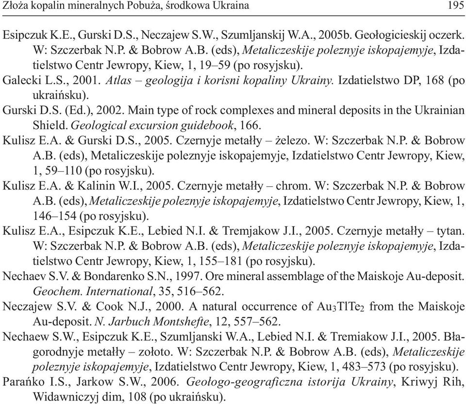 Izdatielstwo DP, 168 (po ukraiñsku). Gurski D.S. (Ed.), 2002. Main type of rock complexes and mineral deposits in the Ukrainian Shield. Geological excursion guidebook, 166. Kulisz E.A. & Gurski D.S., 2005.