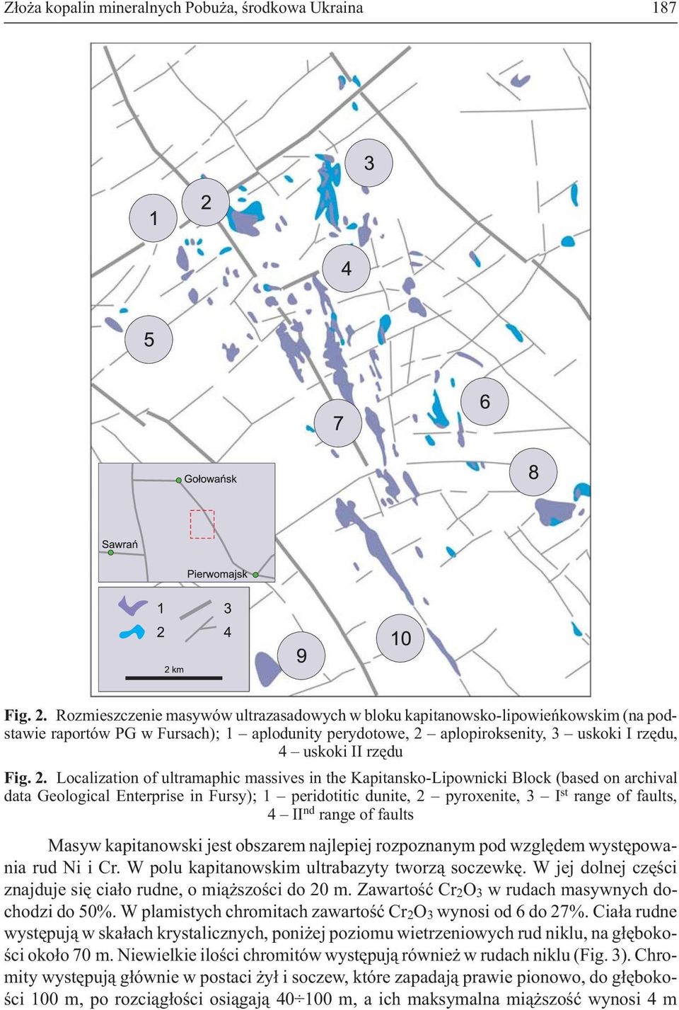 2. Localization of ultramaphic massives in the Kapitansko-Lipownicki Block (based on archival data Geological Enterprise in Fursy); 1 peridotitic dunite, 2 pyroxenite, 3 I st range of faults, 4 II nd
