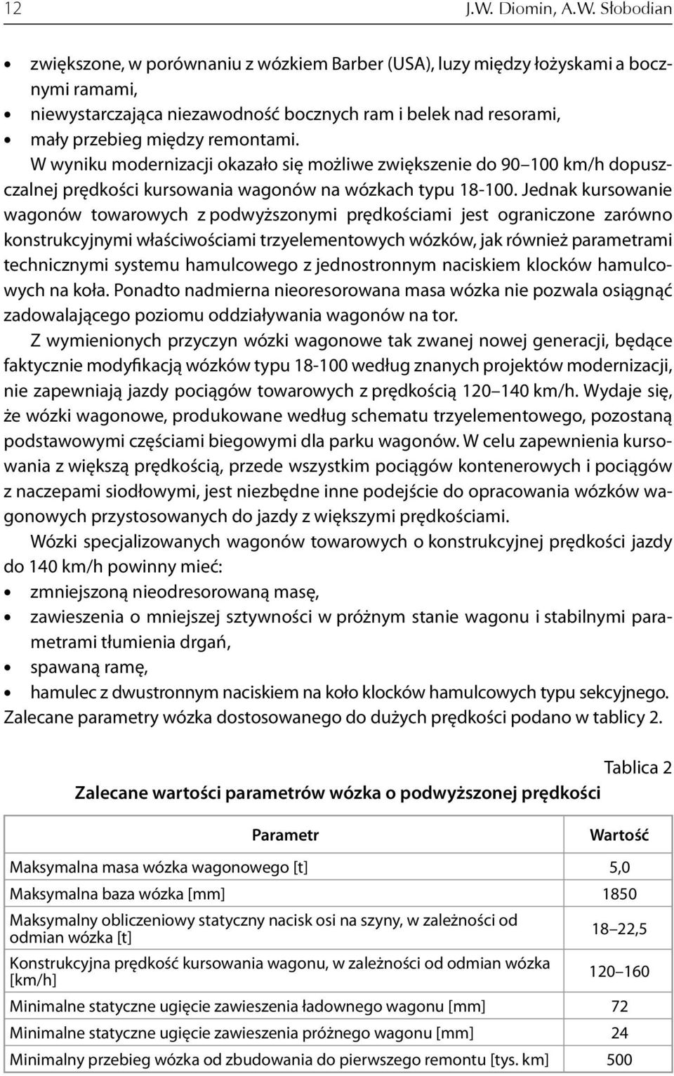 Słobodian zwiększone, w porównaniu z wózkiem Barber (USA), luzy między łożyskami a bocznymi ramami, niewystarczająca niezawodność bocznych ram i belek nad resorami, mały przebieg między remontami.
