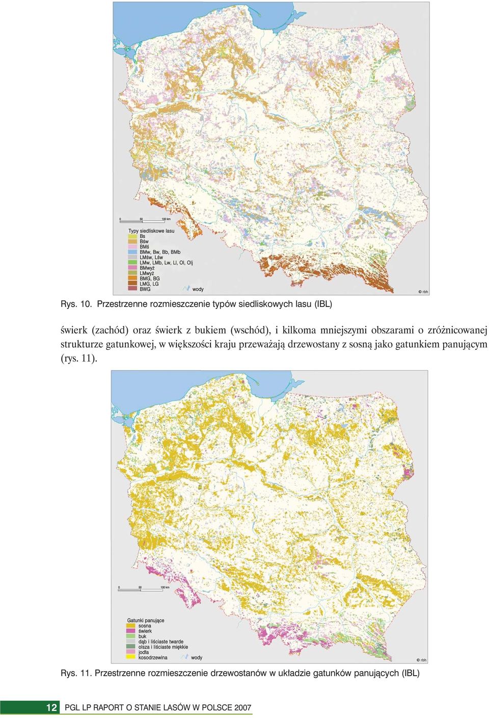 Przestrzenne rozmieszczenie typów siedliskowych lasu (IBL) świerk (zachód) oraz świerk z bukiem (wschód), i kilkoma mniejszymi obszarami o zróżnicowanej