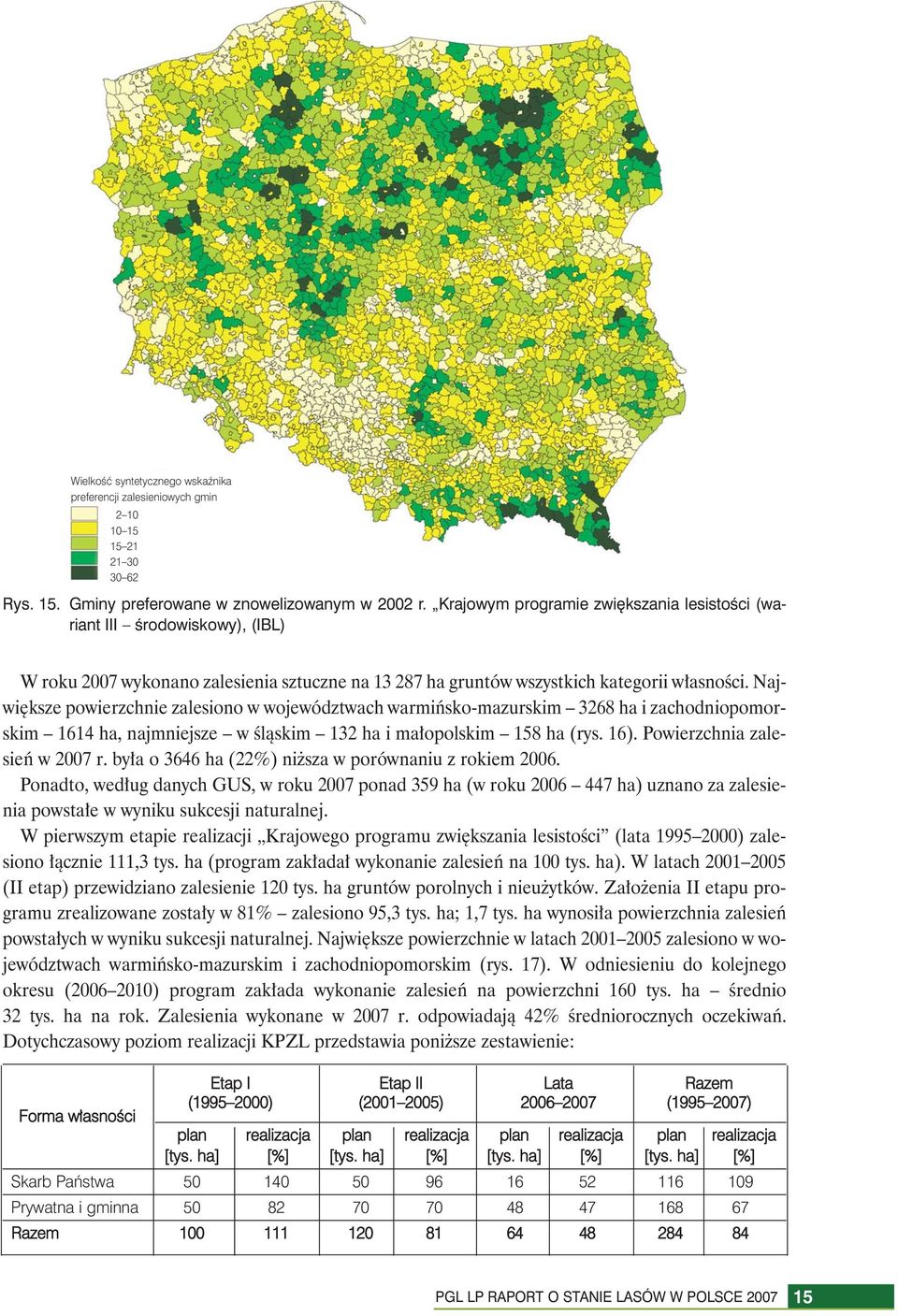 Największe powierzchnie zalesiono w województwach warmińsko-mazurskim 3268 ha i zachodniopomorskim 1614 ha, najmniejsze w śląskim 132 ha i małopolskim 158 ha (rys. 16). Powierzchnia zalesień w 2007 r.