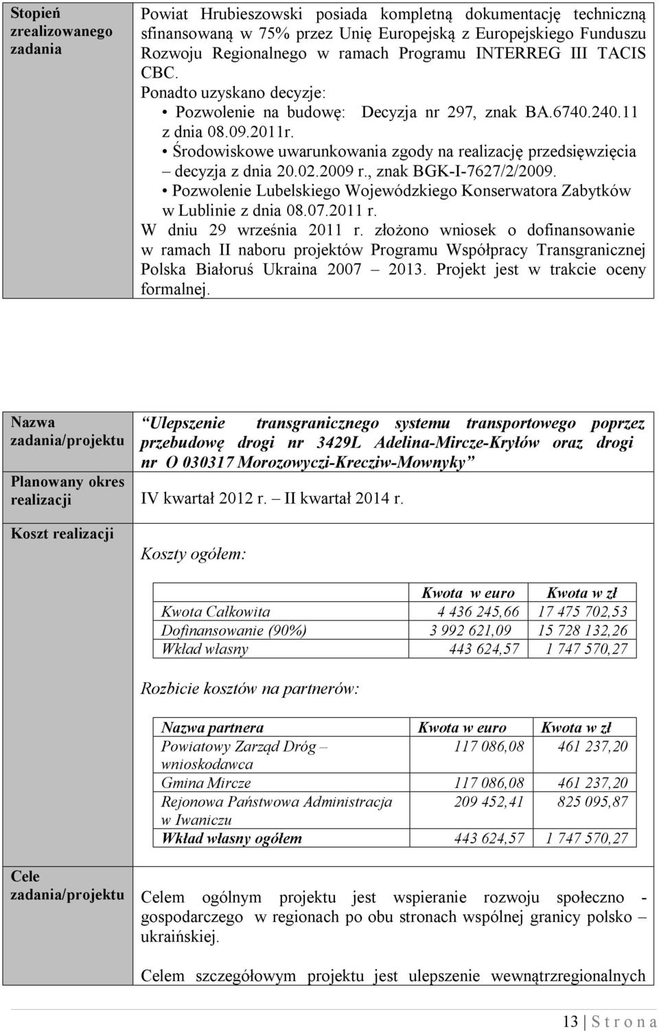 Środowiskowe uwarunkowania zgody na realizację przedsięwzięcia decyzja z dnia 20.02.2009 r., znak BGK-I-7627/2/2009. Pozwolenie Lubelskiego Wojewódzkiego Konserwatora Zabytków w Lublinie z dnia 08.07.