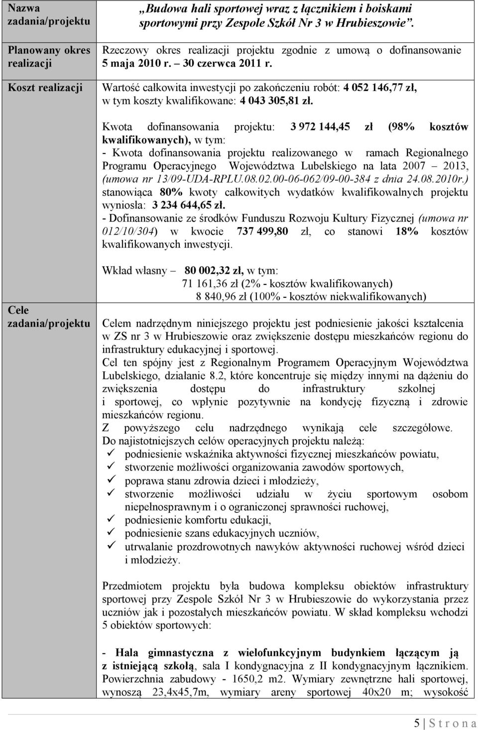 Wartość całkowita inwestycji po zakończeniu robót: 4 052 146,77 zł, w tym koszty kwalifikowane: 4 043 305,81 zł.