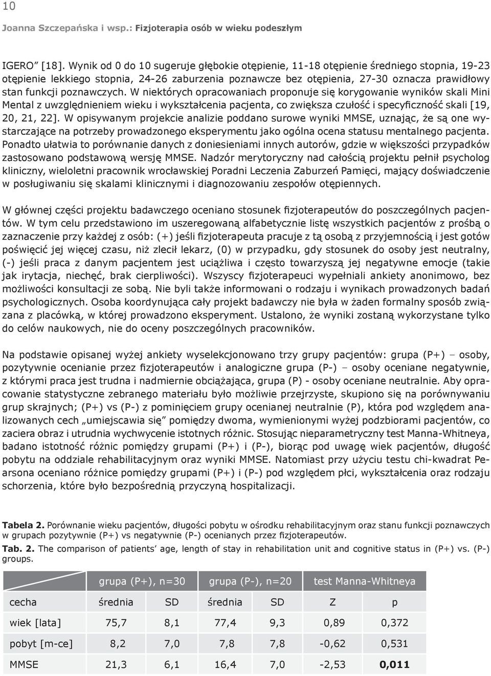 poznawczych. W niektórych opracowaniach proponuje się korygowanie wyników skali Mini Mental z uwzględnieniem wieku i wykształcenia pacjenta, co zwiększa czułość i specyficzność skali [19, 20, 21, 22].