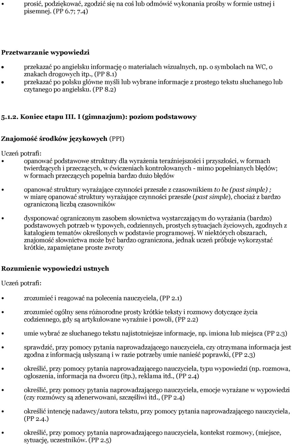 I (gimnazjum): poziom podstawowy Znajomość środków językowych (PPI) opanować podstawowe struktury dla wyrażenia teraźniejszości i przyszłości, w formach twierdzących i przeczących, w ćwiczeniach