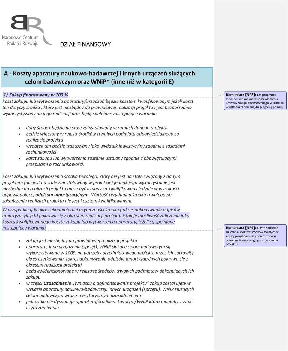następujące warunki: Komentarz [NP8]: Dla programu InnoTech nie ma możliwości włączenia kosztów zakupu finansowanego w 100% za wyjątkiem zapisu znajdującego się poniżej dany środek będzie na stałe
